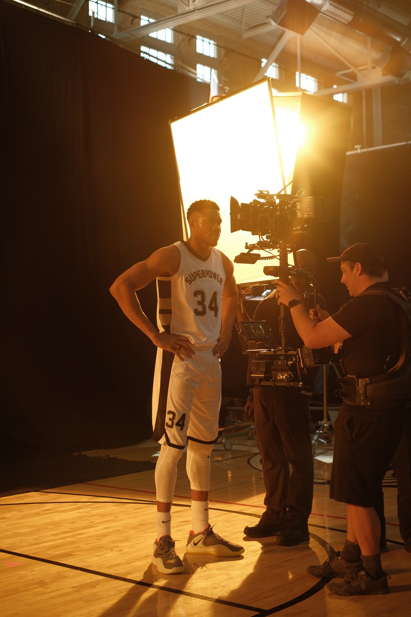 Giannis Antetokounmpo on set with the Steadicam team