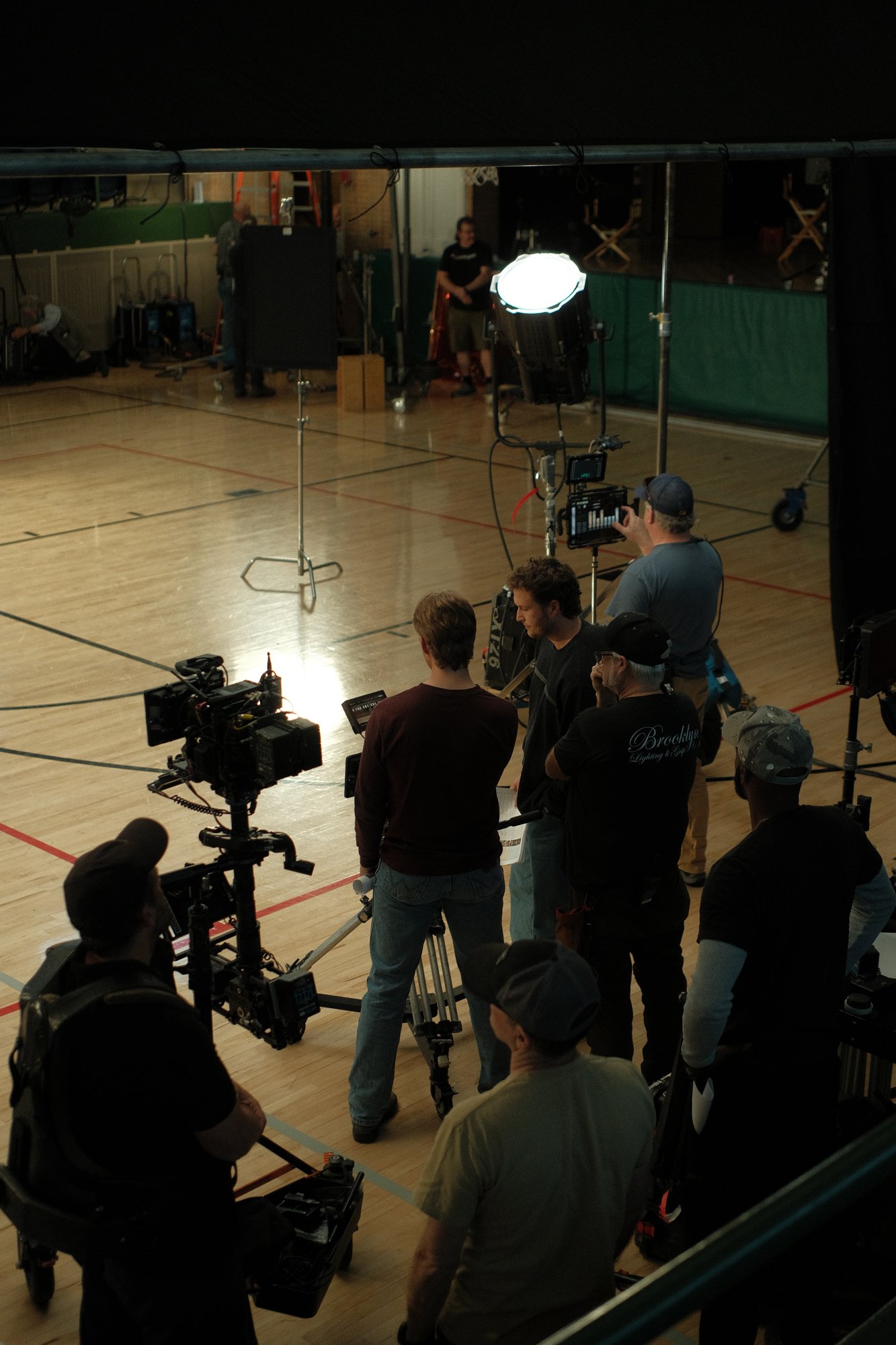 Crew and camera setup on the gym floor