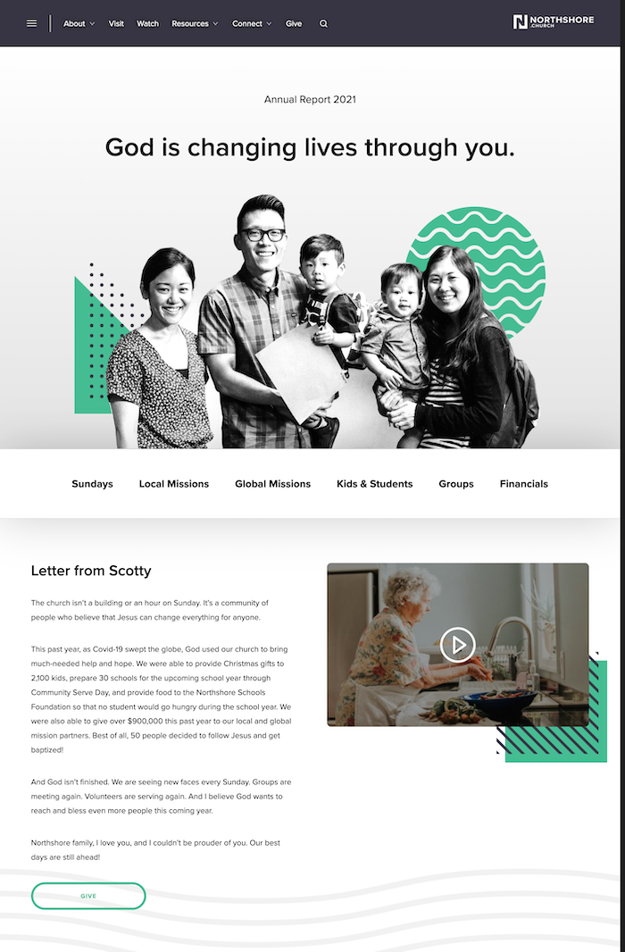 North Shore Community Church annual report landing page built by web developer Tim Stone