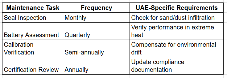 UAE Critical maintenance elements table