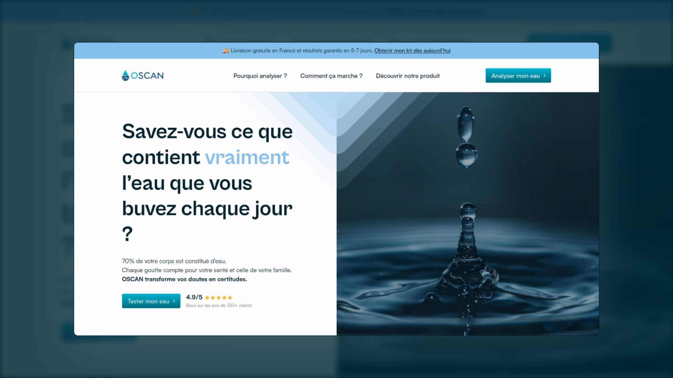 Landing page analyse d'eau domestique pour OSCAN