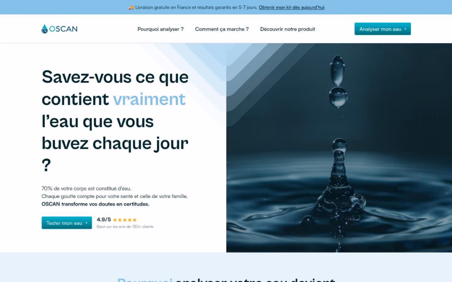 Section hero de la landing page avec kit d'analyse d'eau