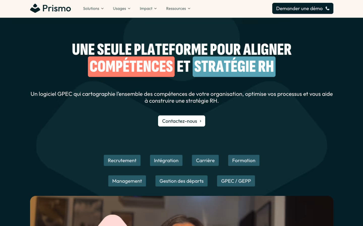 Section hero du site Prismo avec présentation de la plateforme RH