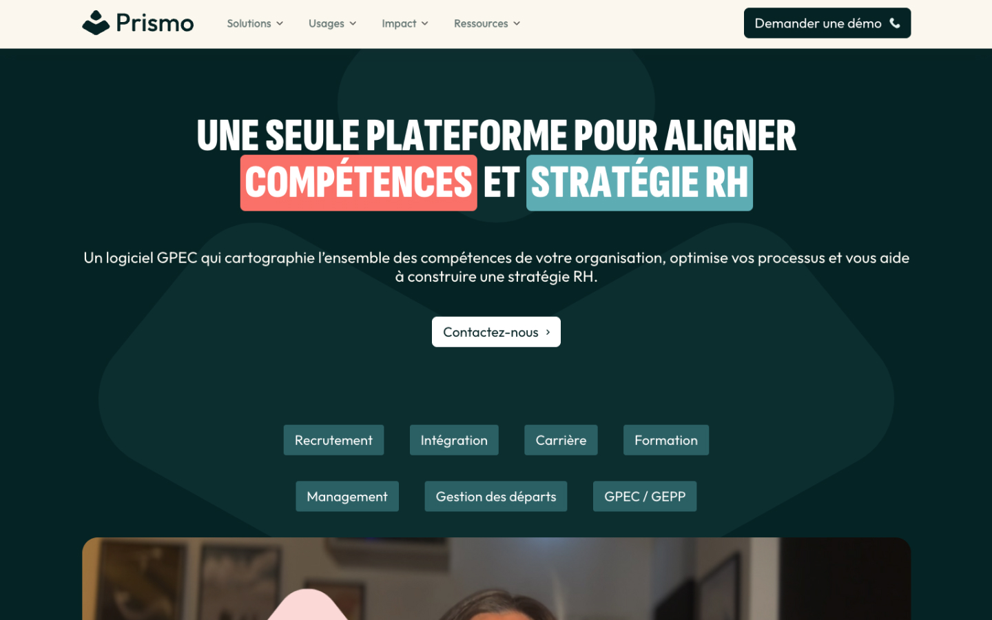 Section hero du site Prismo avec présentation de la plateforme RH