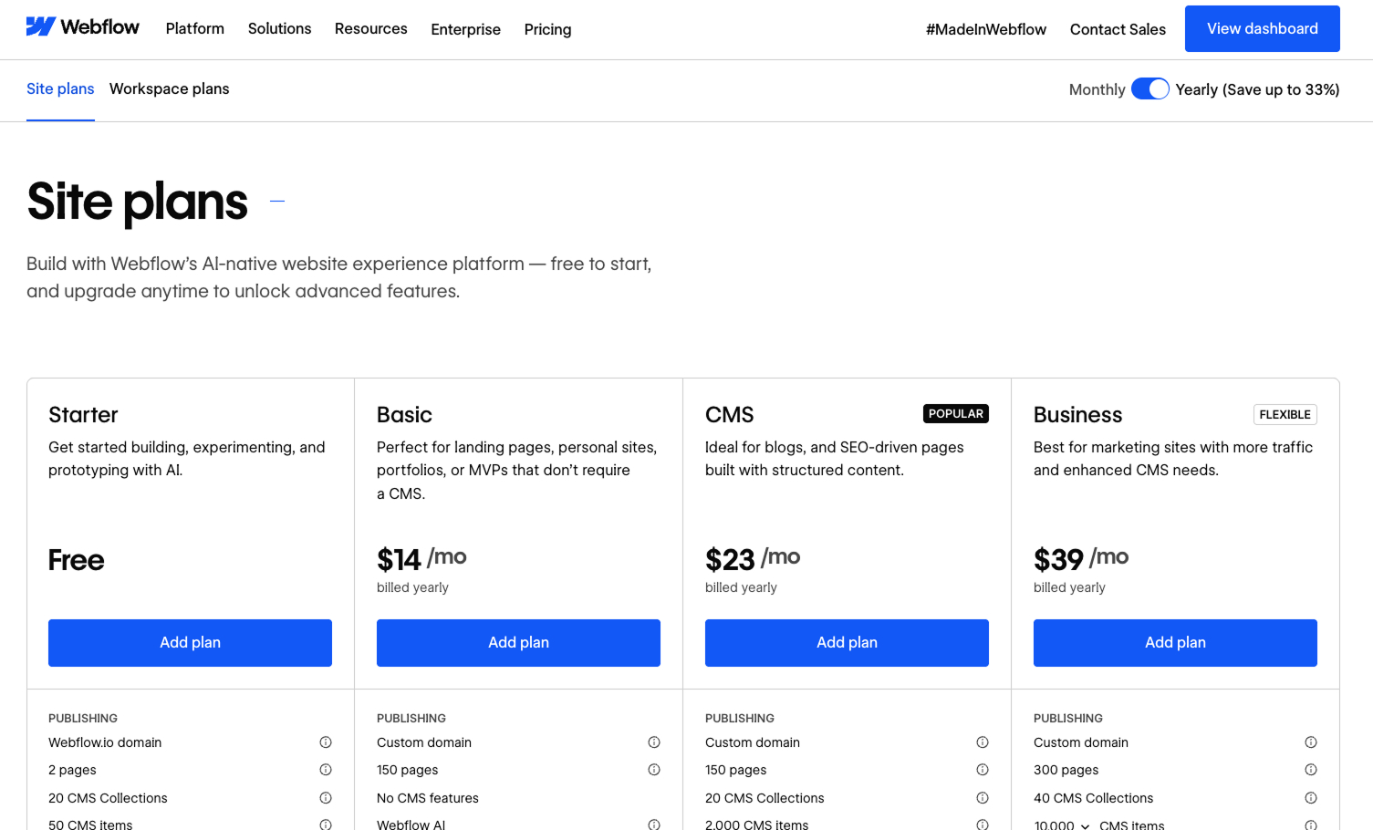 Les tarifs Webflow en 2026