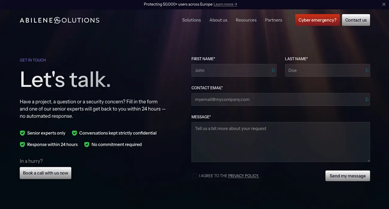 Contact form on the Abilene Solutions website with the Let's talk headline on a dark background