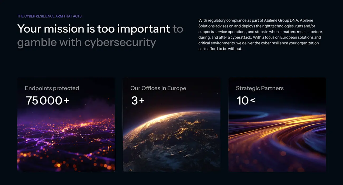 Abilene Solutions homepage presenting the company mission and three key figures: 75000 protected endpoints, 3 offices across Europe and 10 strategic partners