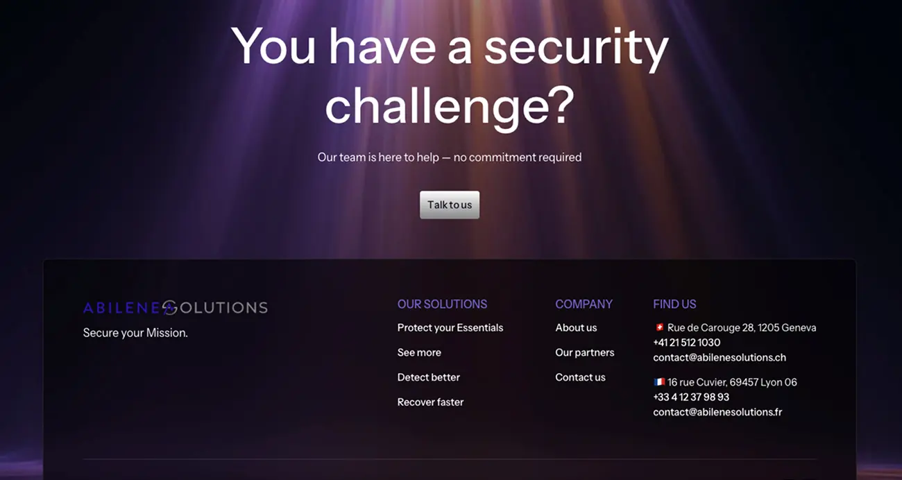 Final You have a security challenge CTA with the full footer of the Abilene Solutions website displaying contact details and links to all solutions