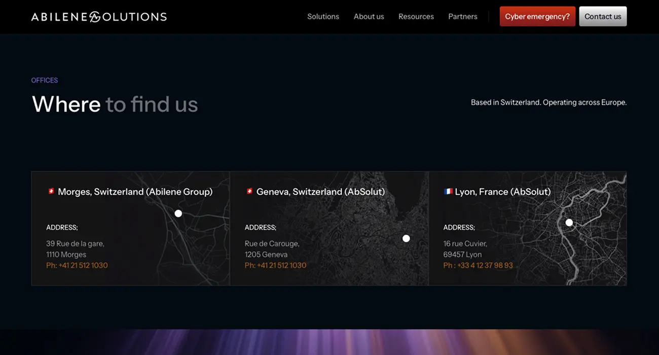 Where to find us section of the Abilene Solutions website showcasing the Geneva, Lyon offices and DACH coverage