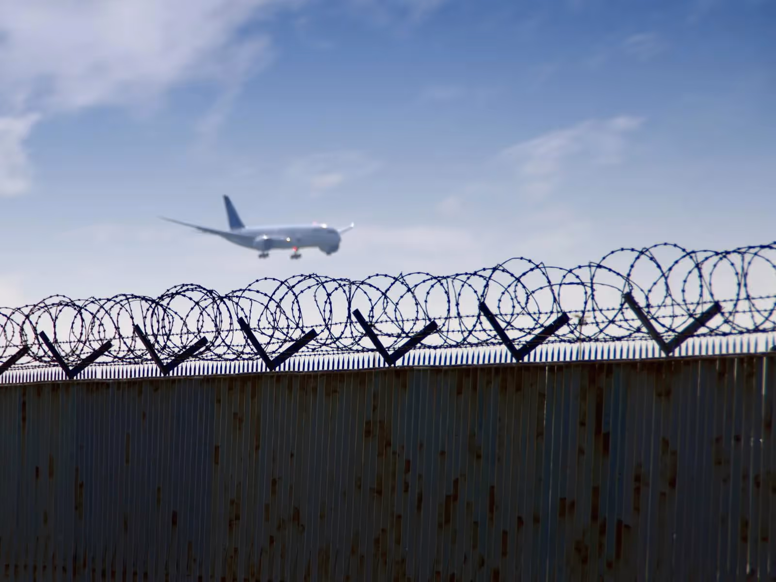 Barbed fencing around the perimeter of an airport