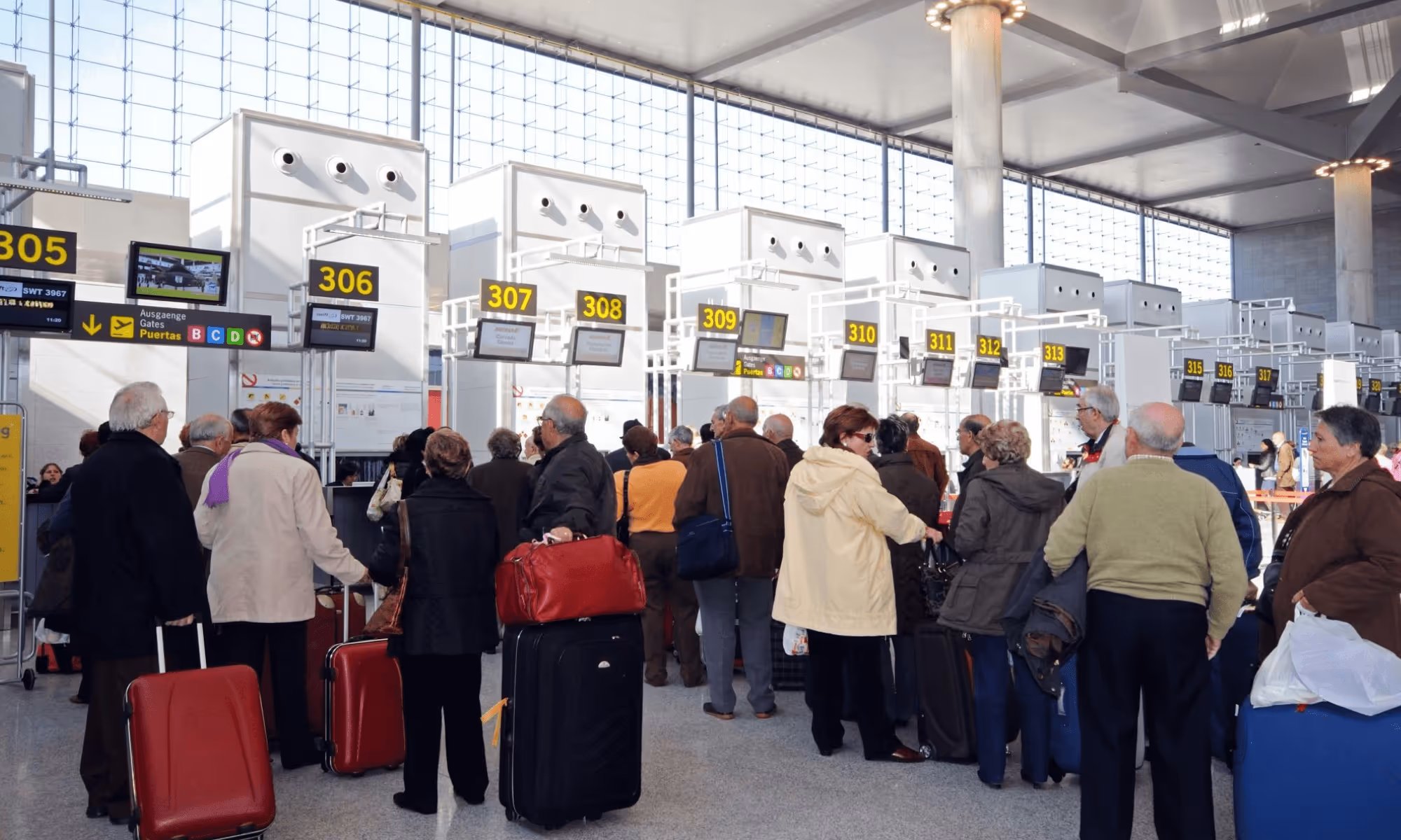 Eine Warteschlange am Flughafen.