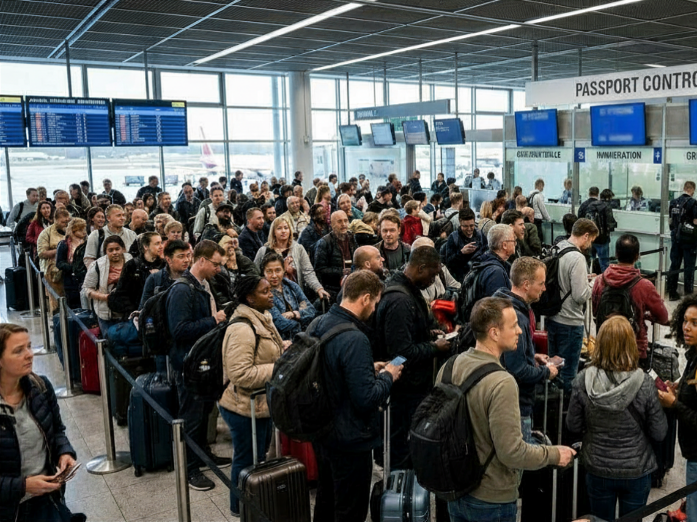 Wartschlange an der Grenzkontrolle am Flughafen