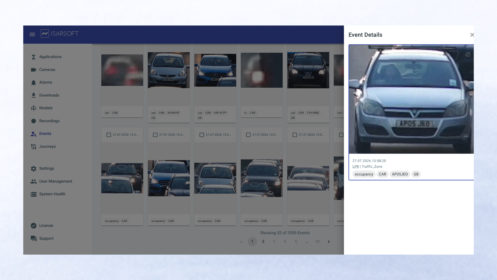 Dashboard show license detecion and a detailed view of a recognized license plate.