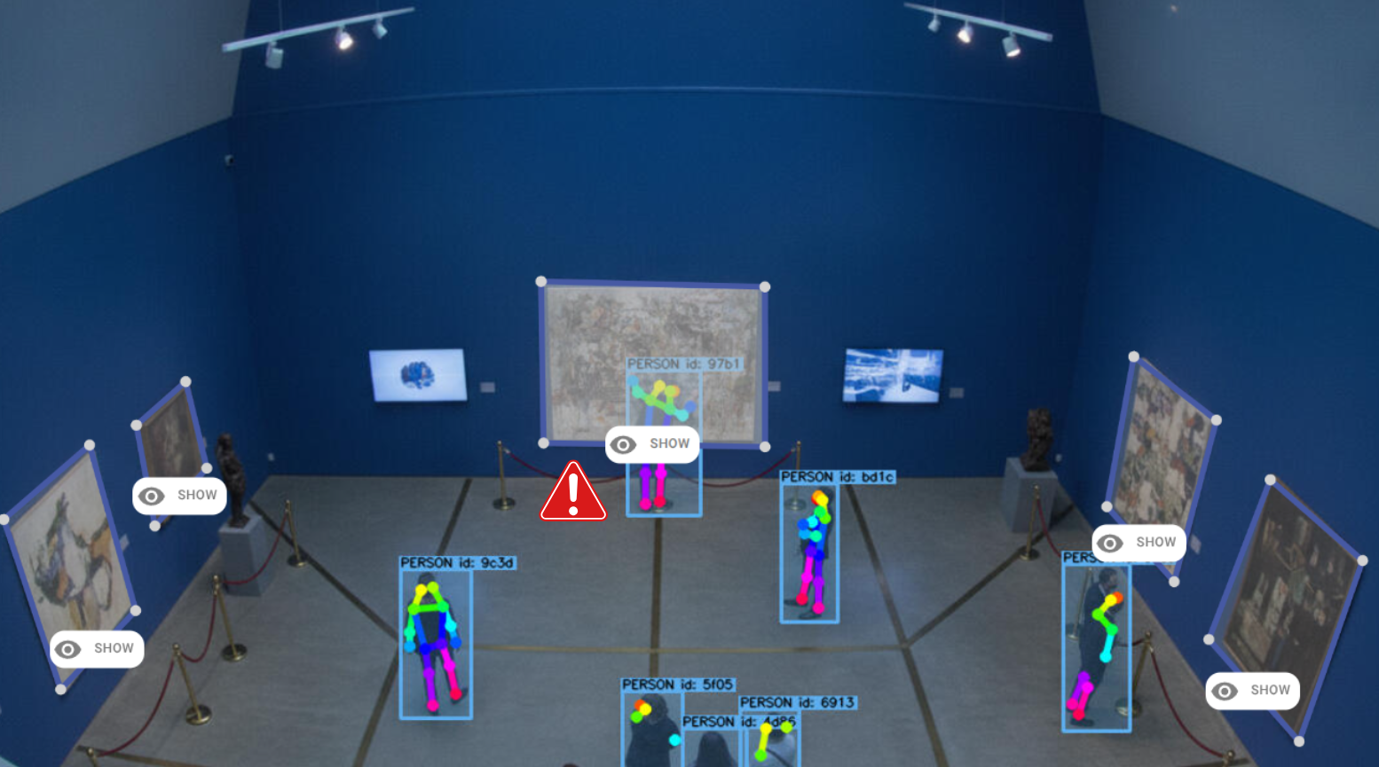 Exhibiton room through video analytics software with bounding boxes and pose model