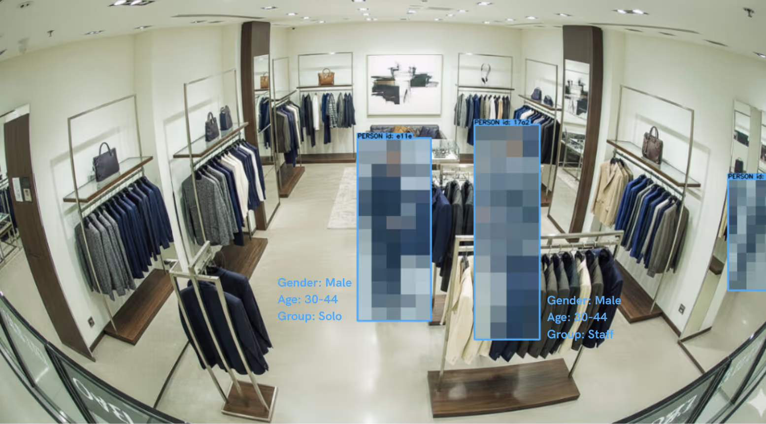 Clothing store interior with men's suits on racks and blue bounding boxes identifying two males aged 30-44, labeled as Solo and Staff.