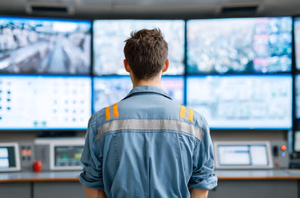 Man in a blue work shirt monitoring multiple digital screens in a control room.