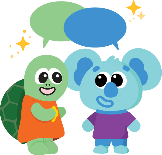 Cartoon turtle with an orange shirt sitting on a chair and smiling next to a blue koala wearing a purple shirt.