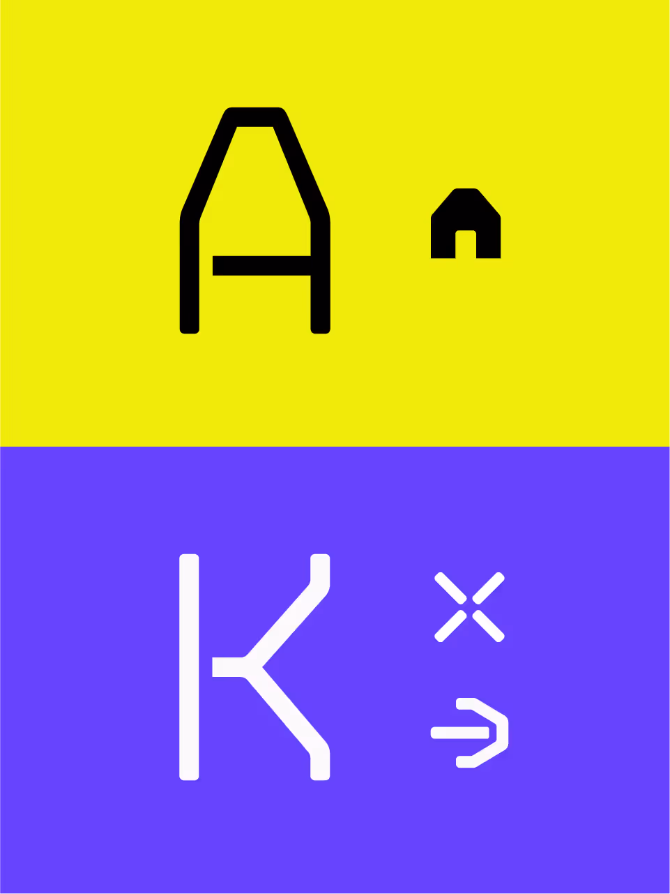 Abstract graphic with large black letter A and small house icon on a bright yellow background above white K, X, and right arrow symbols on a purple background.