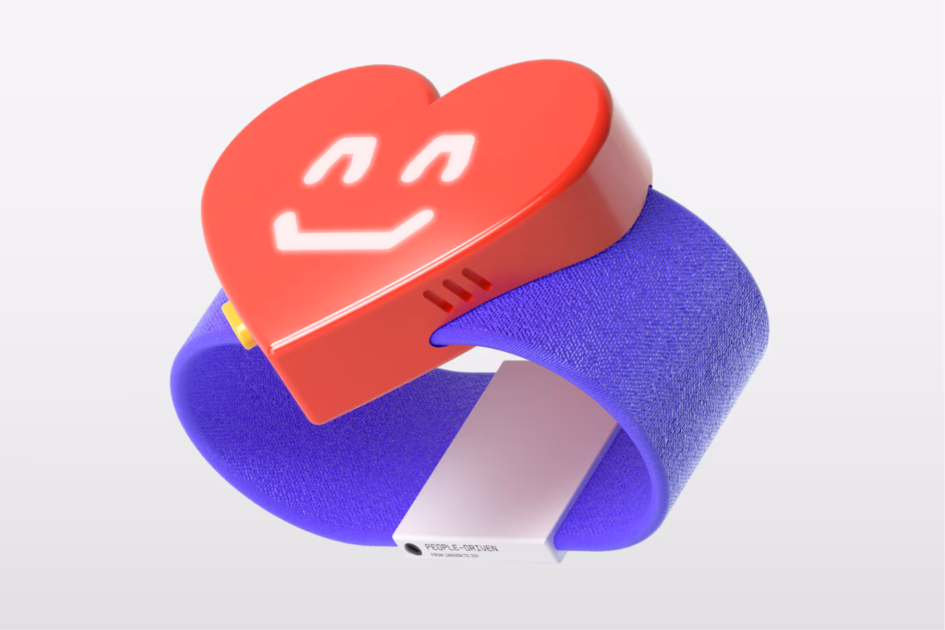 Purple fabric wristband with a red heart-shaped device displaying a white smiling face.