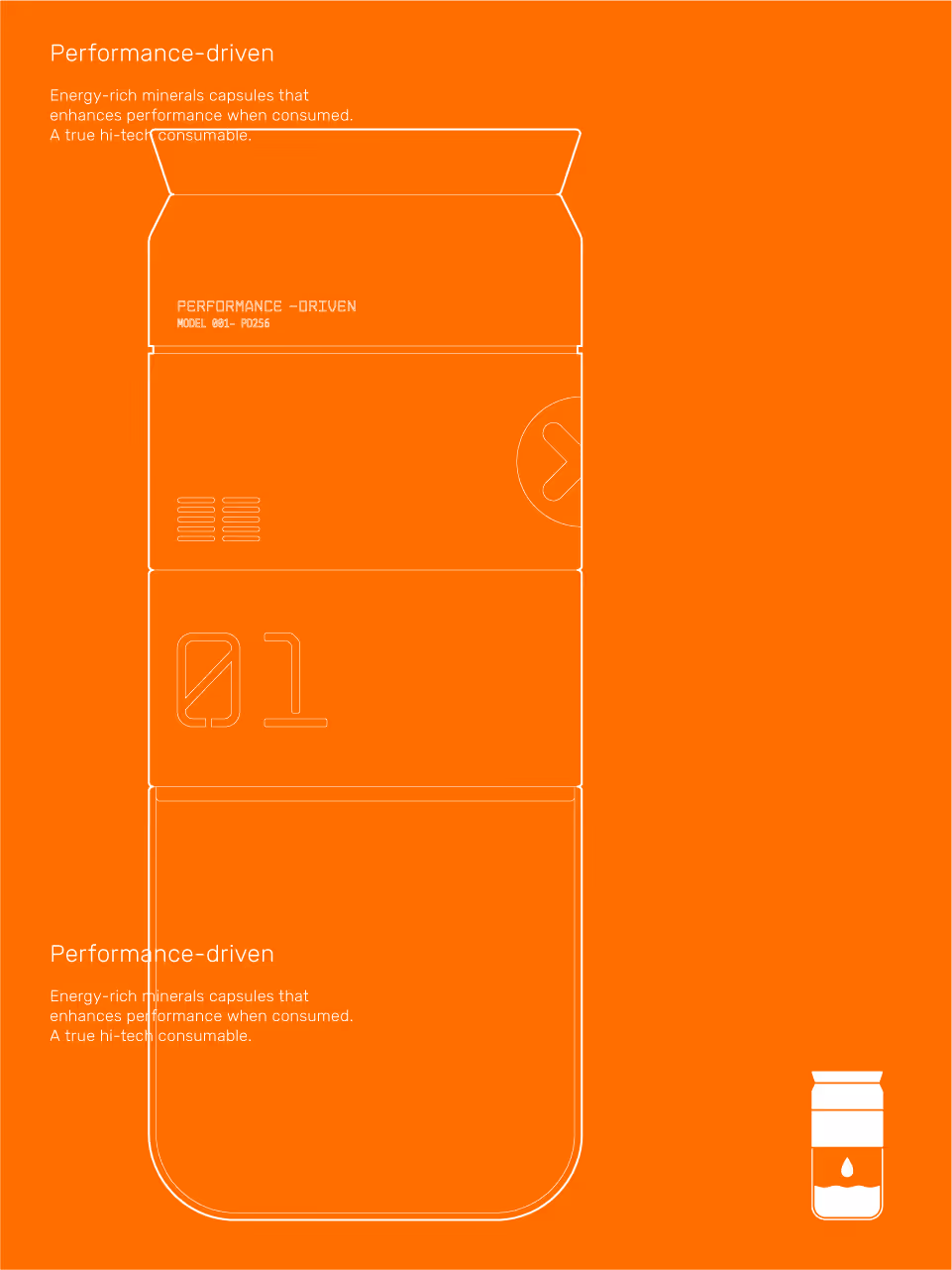 Outline sketch of a capsule container labeled 'Performance-driven' on an orange background with descriptive text about energy-rich mineral capsules enhancing performance.