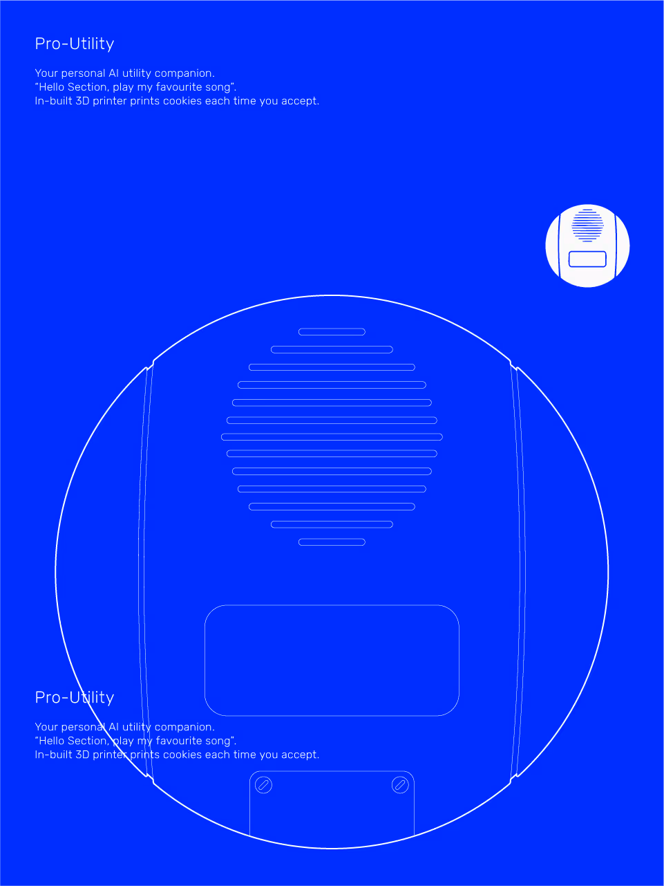 Blueprint-style line drawing of a Pro-Utility AI device with text describing it as a personal AI utility companion that prints cookies with an in-built 3D printer.