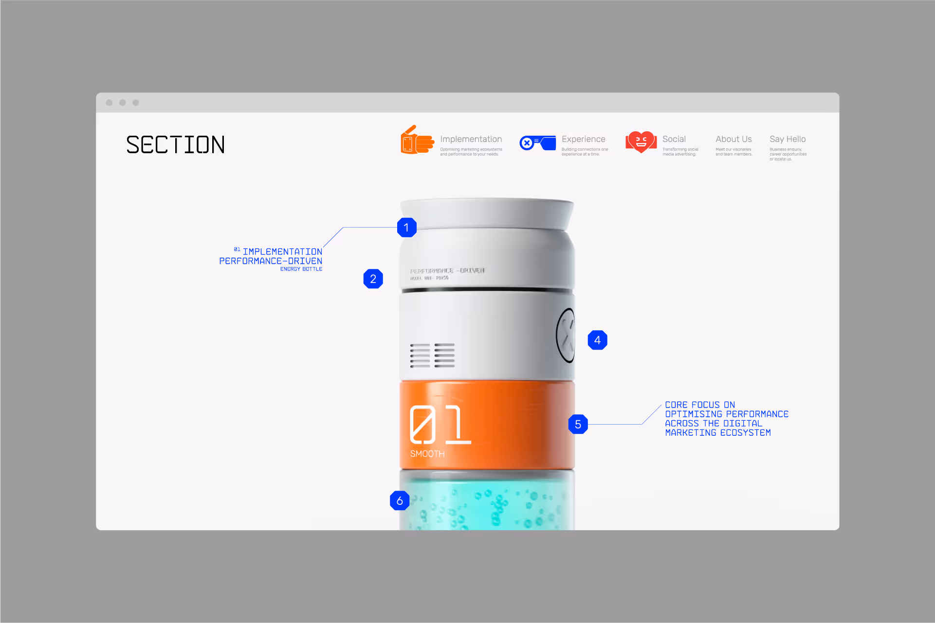 Website mockup displaying a segmented energy bottle labeled '01 Smooth' with blue highlight markers and descriptions about implementation, performance-driven focus, and digital marketing optimization.