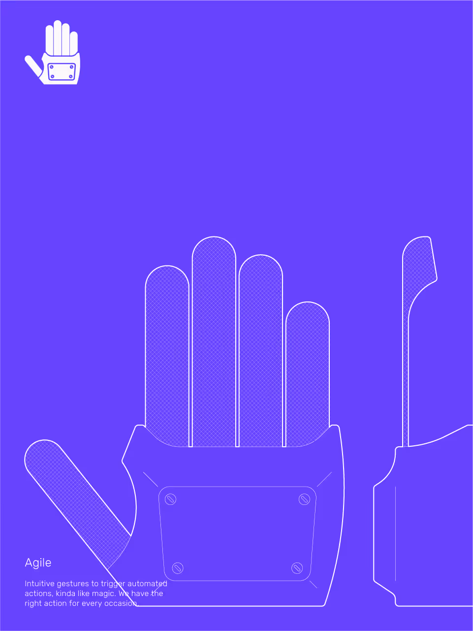 Illustration of a robotic glove with labeled text 'Agile' describing intuitive gesture-triggered automated actions.