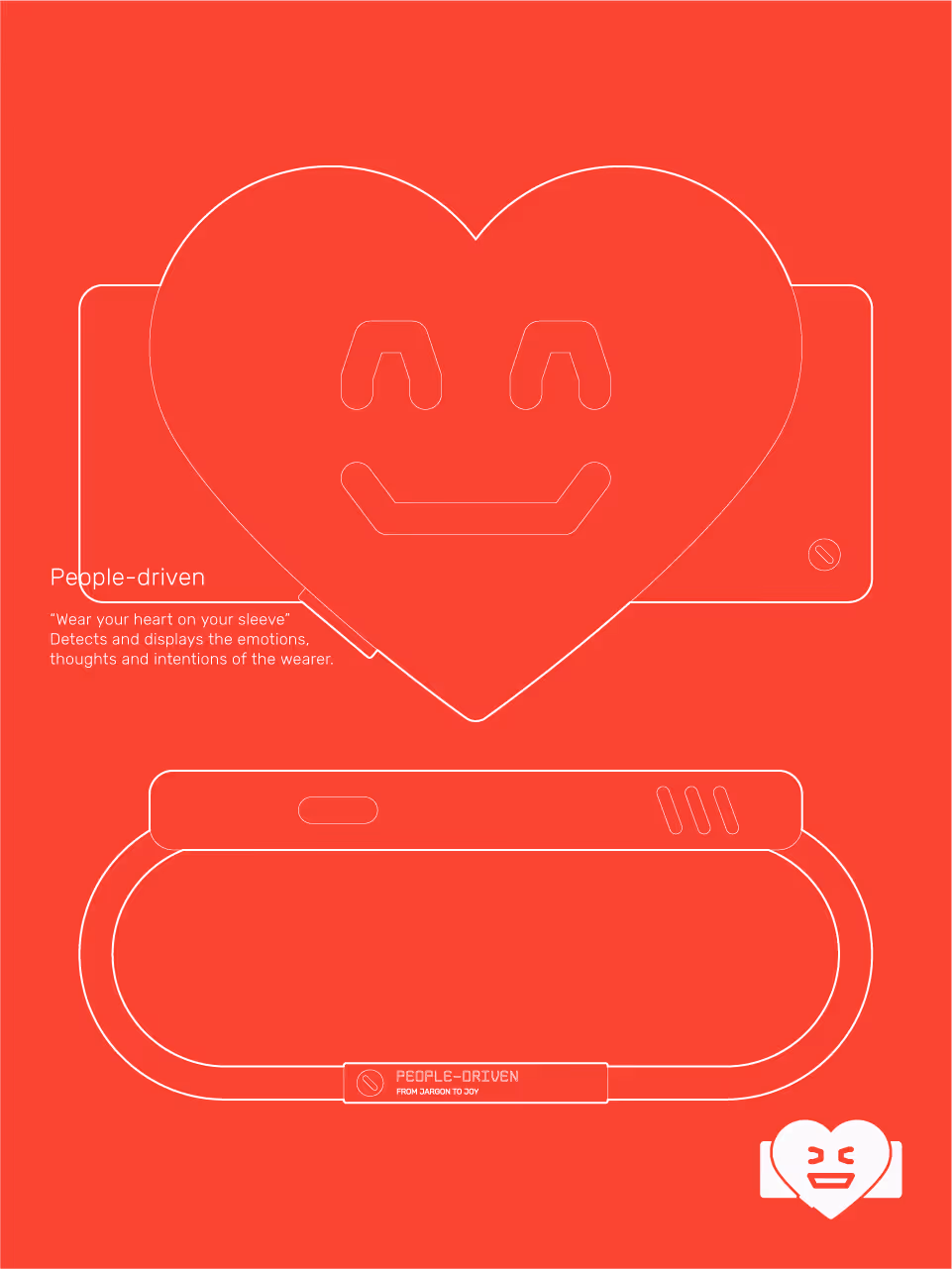 Outline of a heart-shaped wearable device with a smiling face and a wristband labeled 'PEOPLE-DRIVEN' on a red background, with text about detecting wearer’s emotions and intentions.