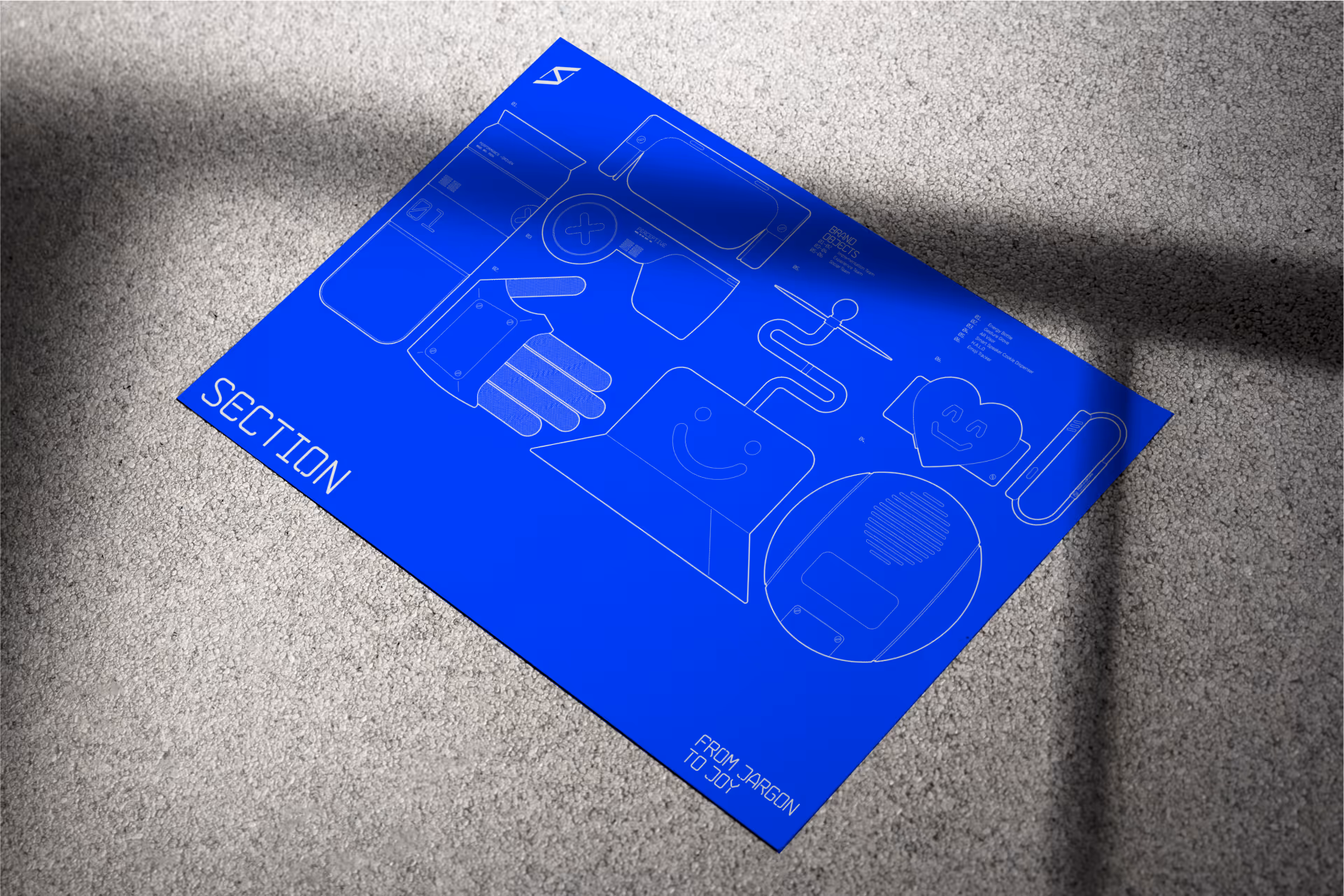 Blue poster on a textured floor with white line art of gloves and abstract shapes labeled Section and From Jargon to Joy.