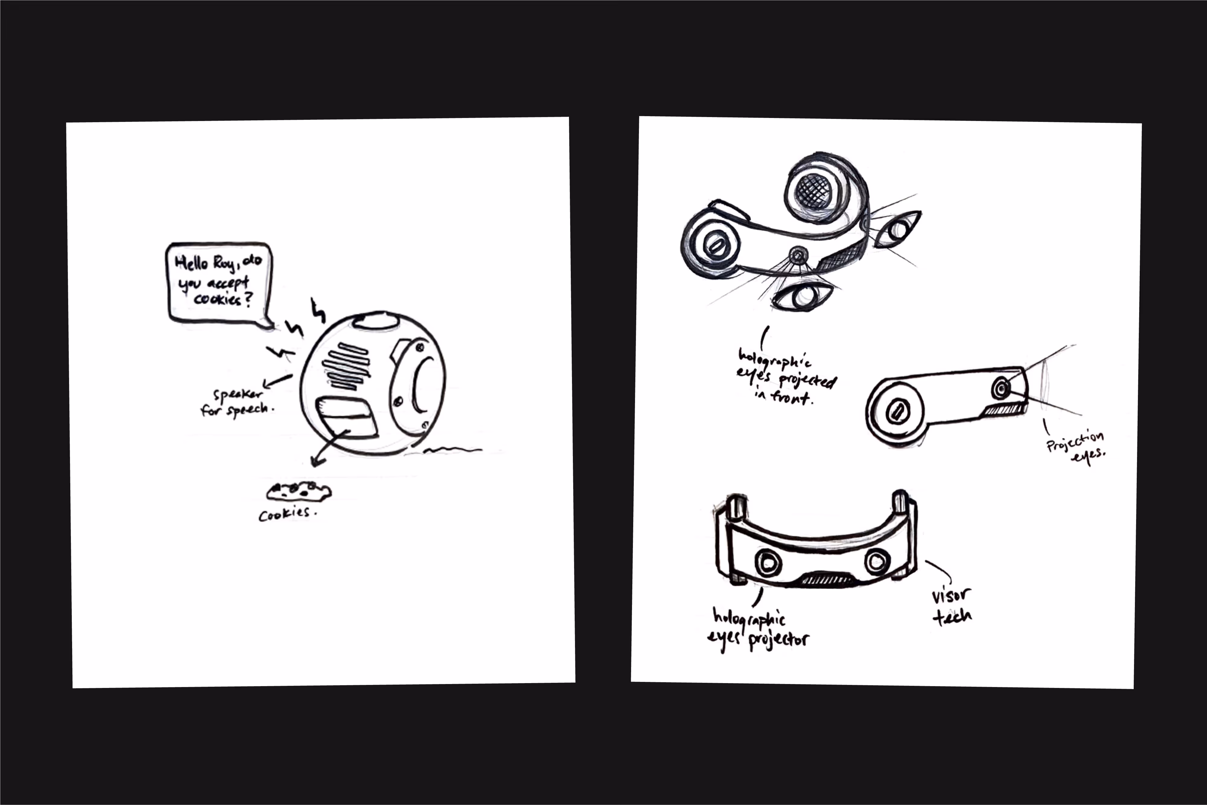 Two hand-drawn sketches: left shows a spherical robot with labels 'speaker for speech' and a speech bubble saying 'Hello Roy, do you accept cookies?' with a cookie below; right shows designs for holographic eye projectors and visor tech with labeled parts.
