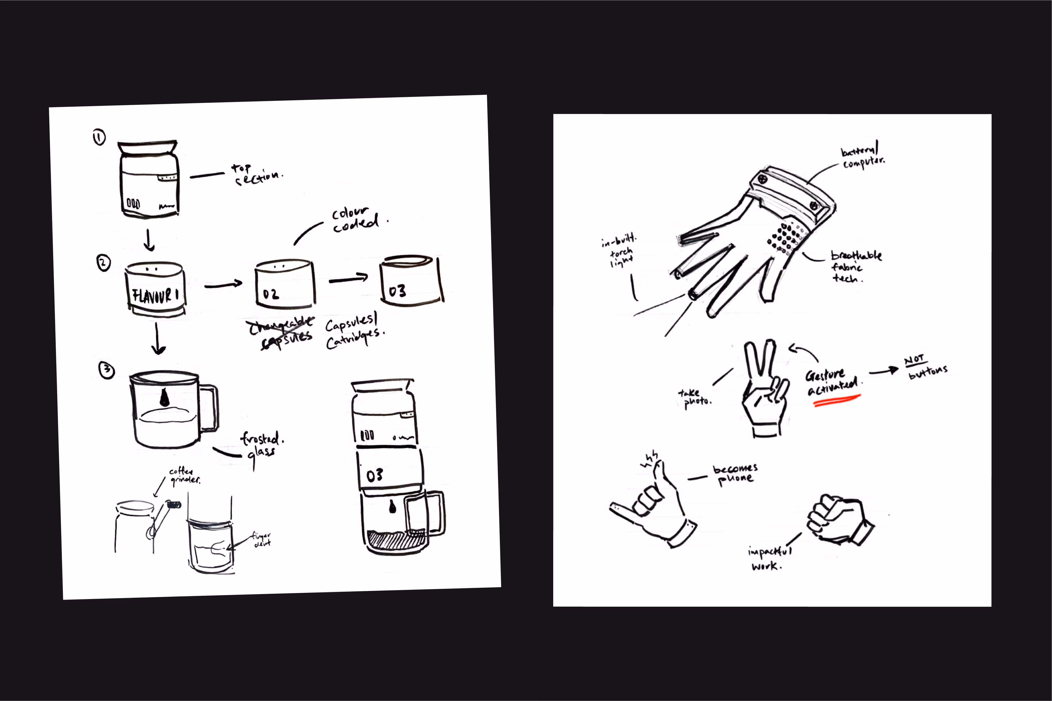 Two pages of black ink sketches on white paper showing a coffee brewing system process with labeled parts on the left and a smart glove design with gesture controls on the right.