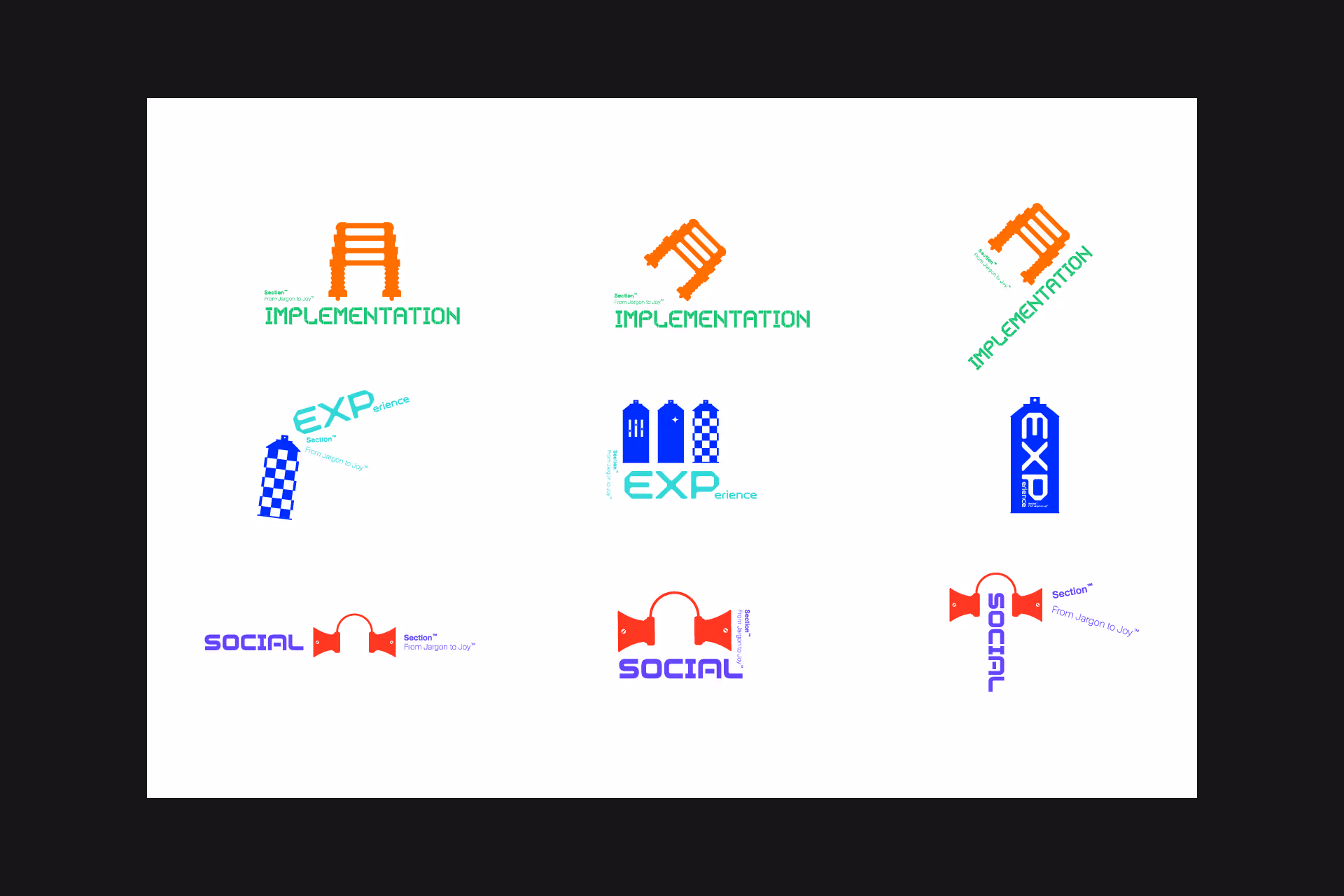 Nine graphic logos in three rows, featuring words Implementation in green with an orange ladder icon, EXP or Experience in blue with a tower-like icon, and Social in purple with red headphone icons, each rotated at different angles.
