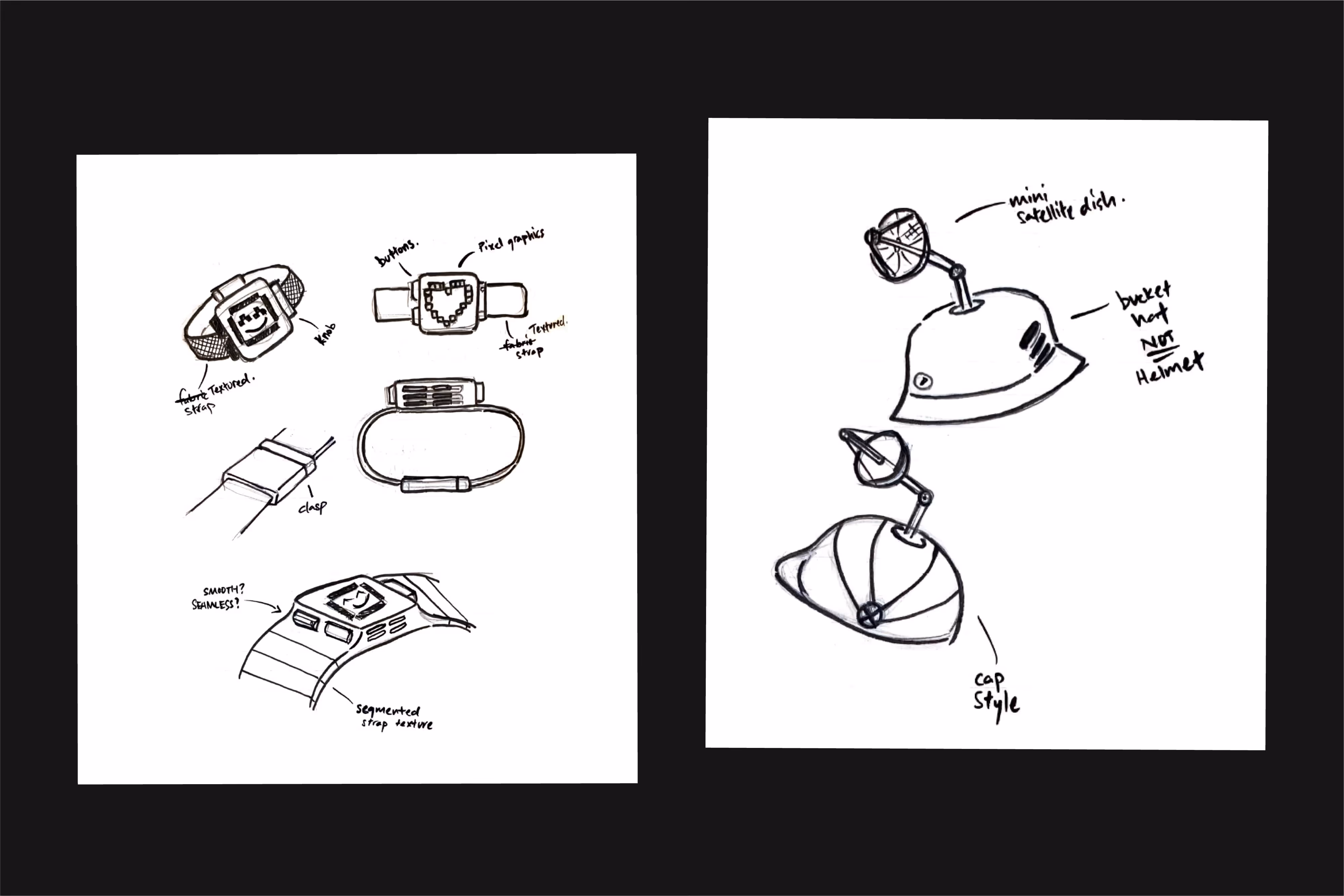 Two pages of hand-drawn product design sketches with notes, featuring wearable devices including smartwatches with textured straps, buttons, and clasps, and bucket and cap style hats with mini satellite dishes attached.