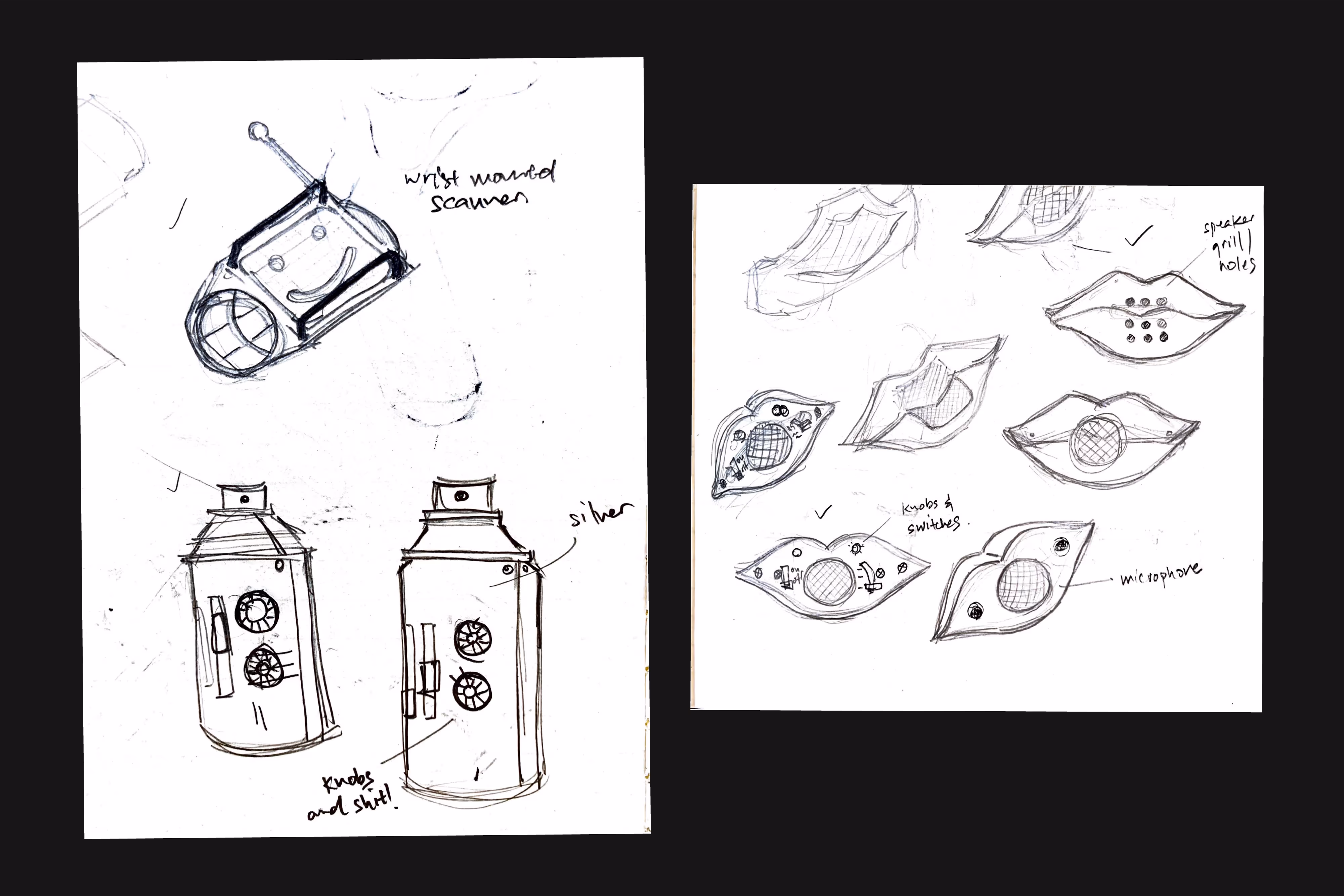 Hand-drawn sketches of electronic device concepts including a wrist-mounted scanner, two rectangular devices with knobs and switches, and several lips-shaped speaker and microphone designs with technical annotations.