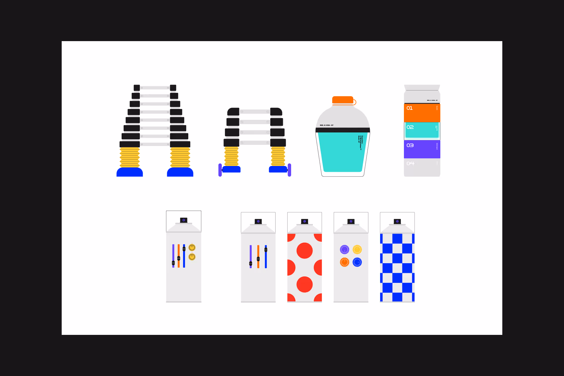 Top row with two telescoping ladders, a white jug with turquoise liquid, and a stacked box with colored sections; bottom row with five white spray paint cans each decorated with different colorful patterns and designs.