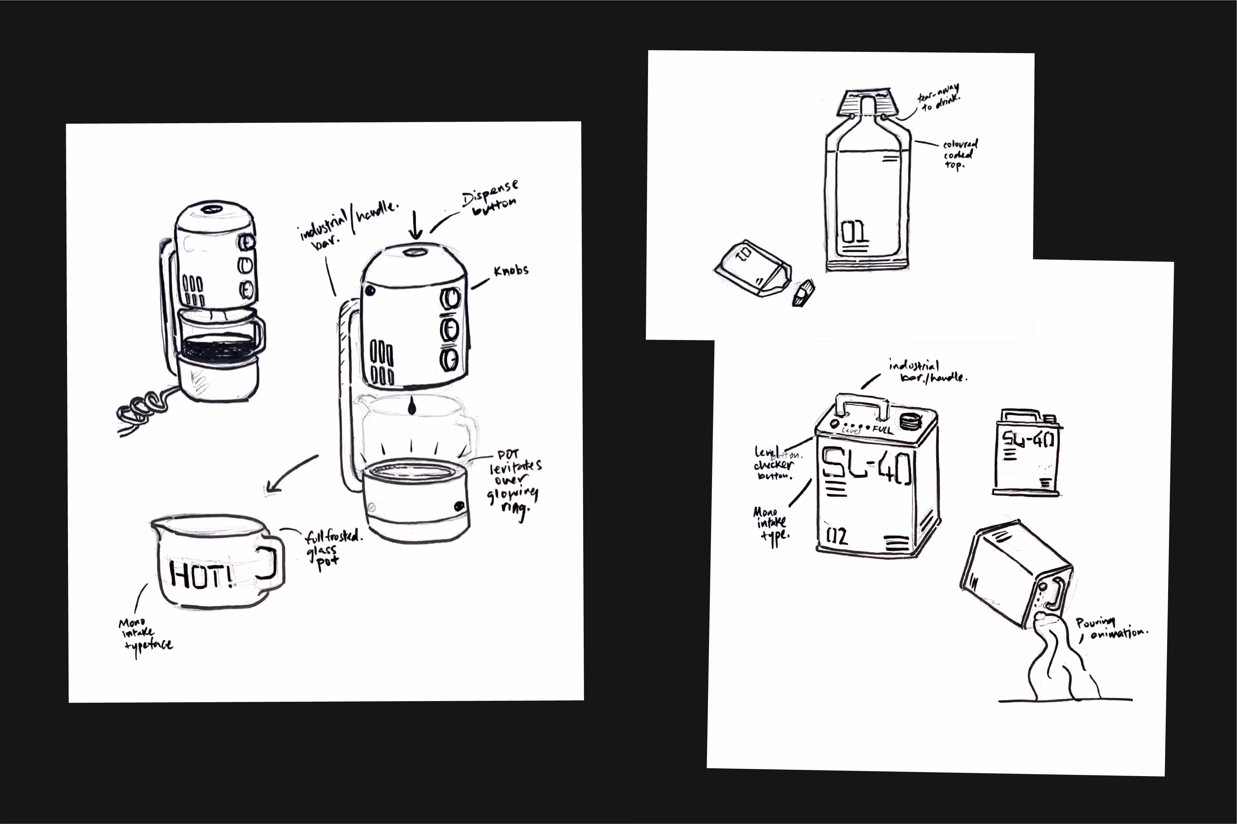 Black-and-white sketches of a coffee maker with labeled parts and a frosted glass pot, a bottle with a colored coded top, and a container labeled SU-40 with a pouring animation.