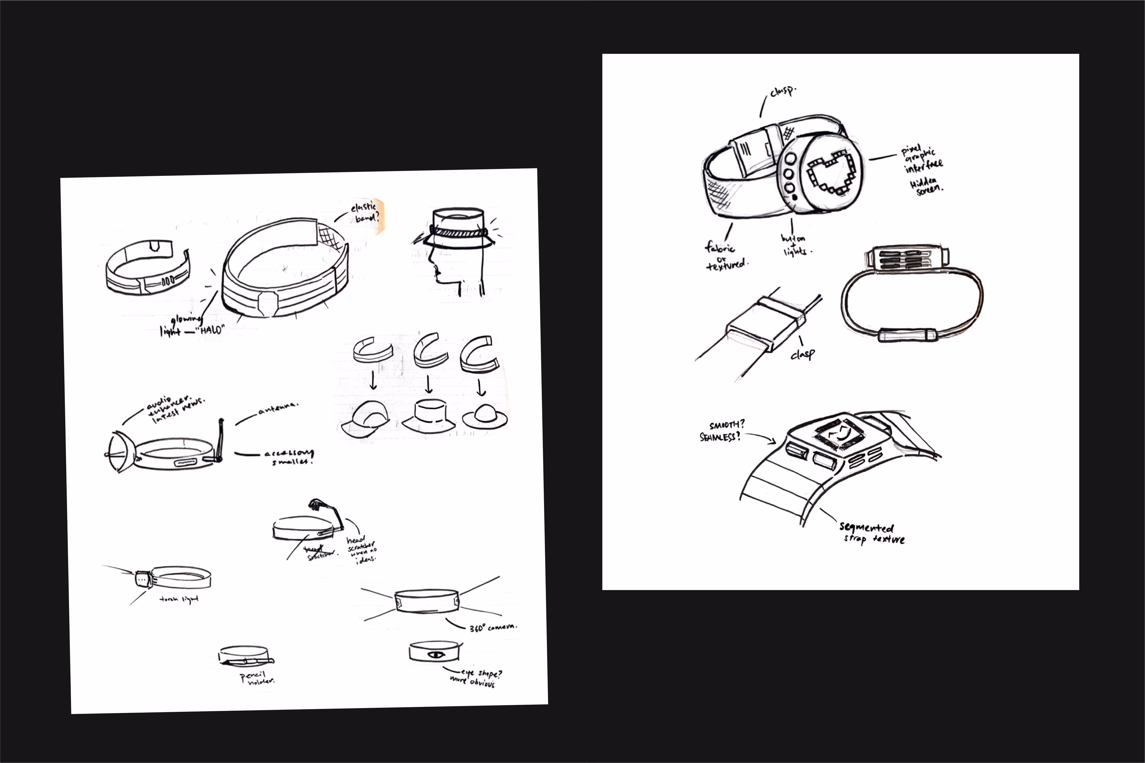 Two pages of black ink sketches showing design concepts for wearable tech accessories, including wristbands and hats with notes on features like glowing light, clasp, antenna, and 360° camera.