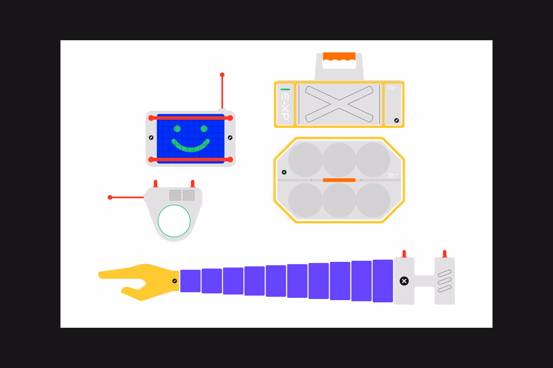 Illustration of modular robot parts including a yellow robotic hand with a segmented purple arm, a blue smiling screen, and various gray and yellow mechanical components on a white background.