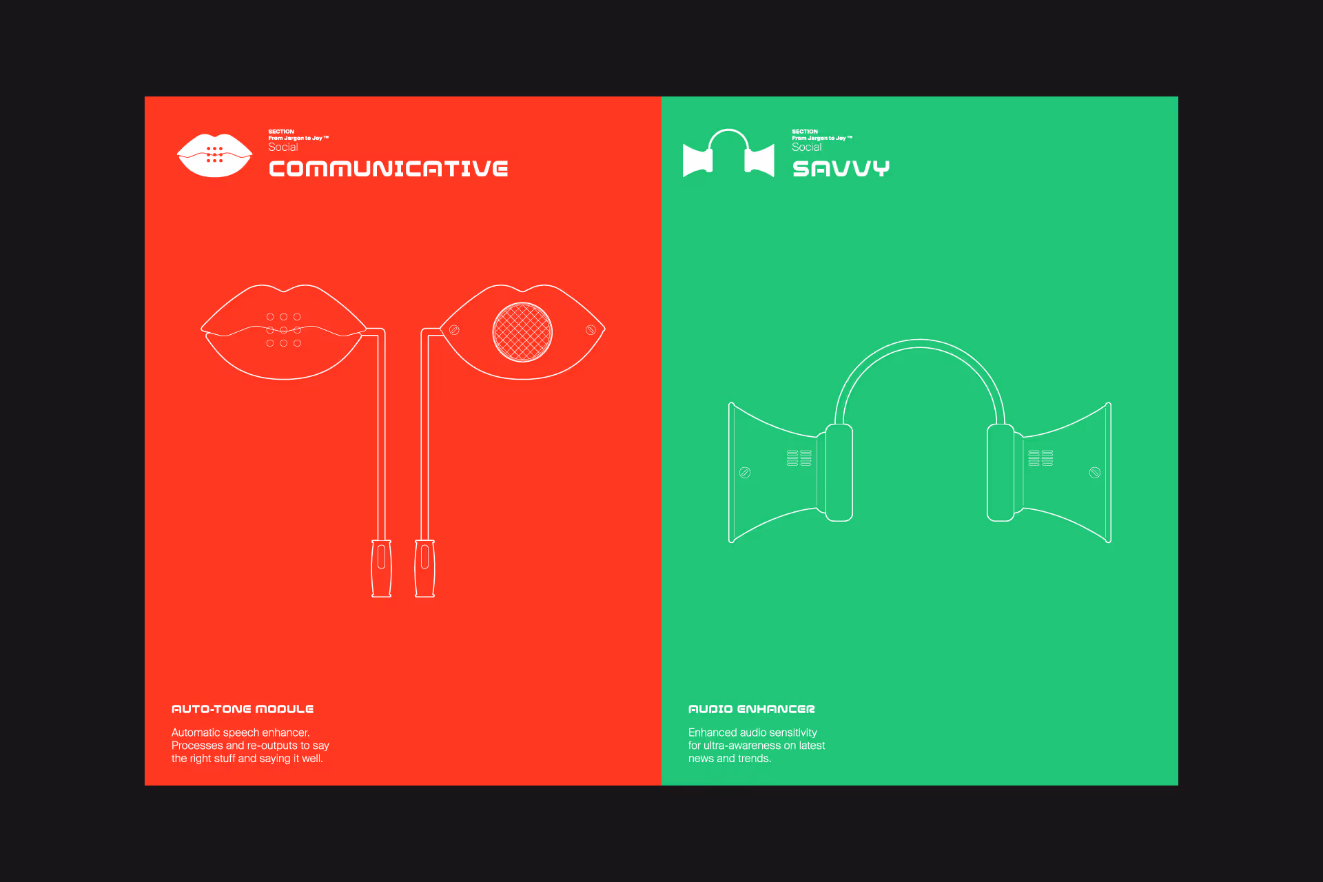 Split image with a red left side showing a lips and eye connected to an auto-tone module labeled as a speech enhancer, and a green right side displaying headphones with horn-like speakers labeled as an audio enhancer for increased audio sensitivity.