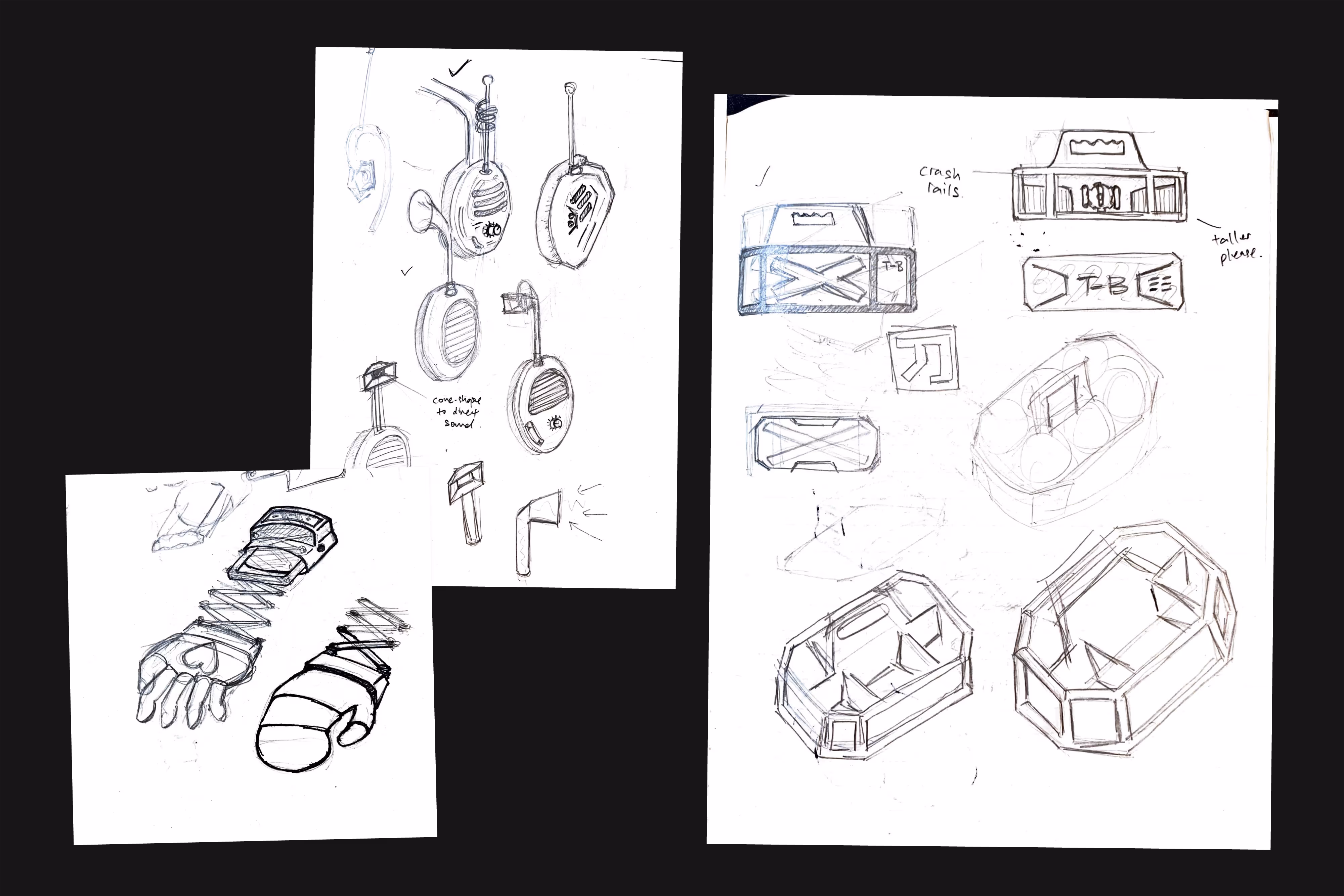 Hand-drawn product design sketches showing various device concepts including a wearable glove or arm device, handheld speakers or communication devices, and geometric modular structures with notes.