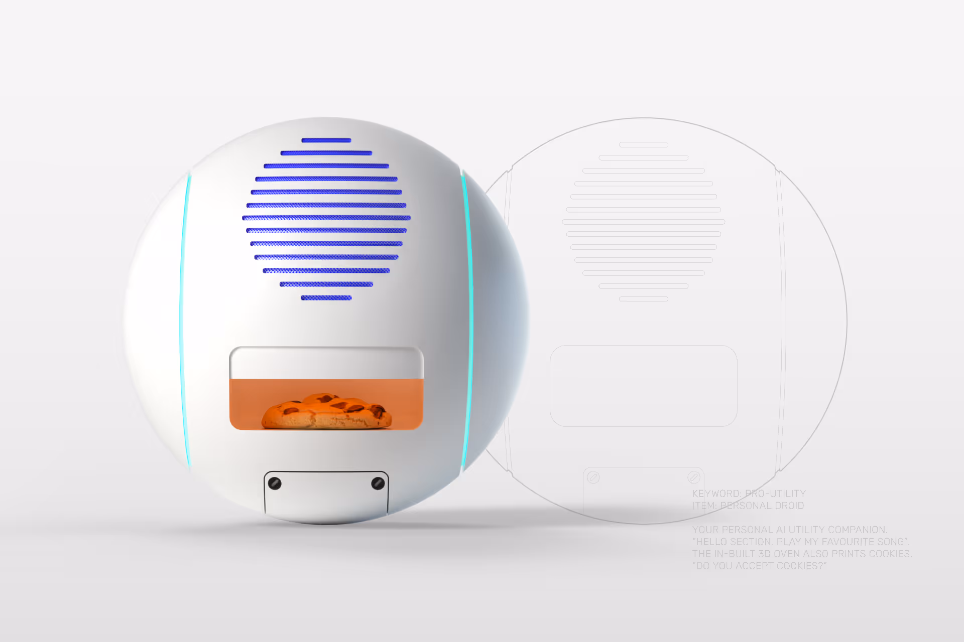 Round white futuristic device with blue vent-like grill and an orange-lit compartment baking chocolate chip cookies inside.