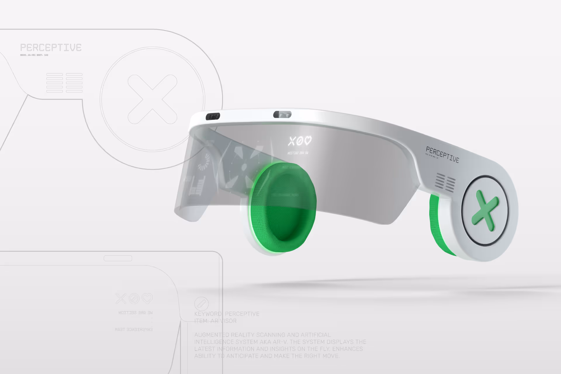 White augmented reality visor with green ear cushions and digital interface icons on transparent screen.