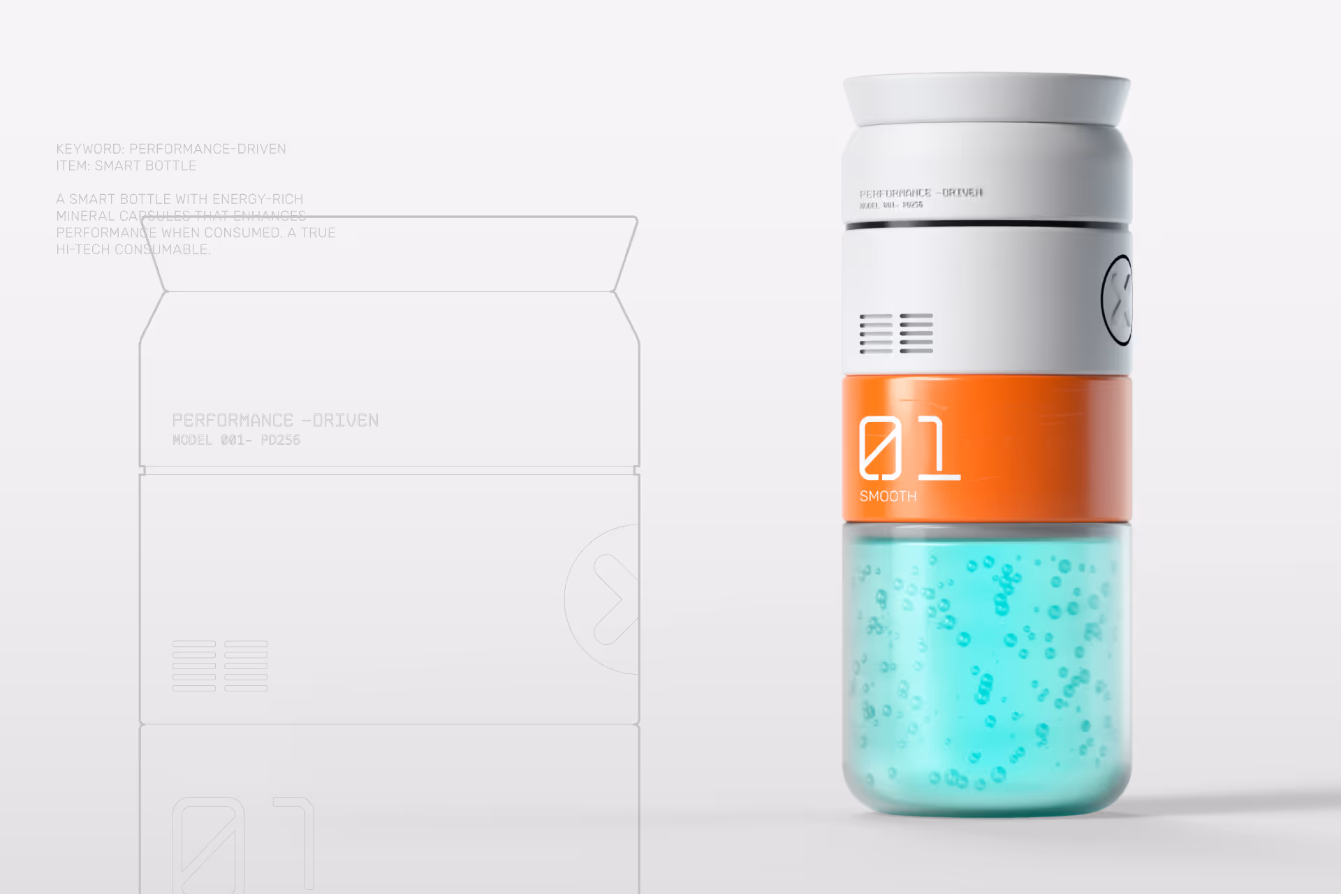 Modern smart bottle with a white and orange upper section and a translucent turquoise lower section with bubbles inside.
