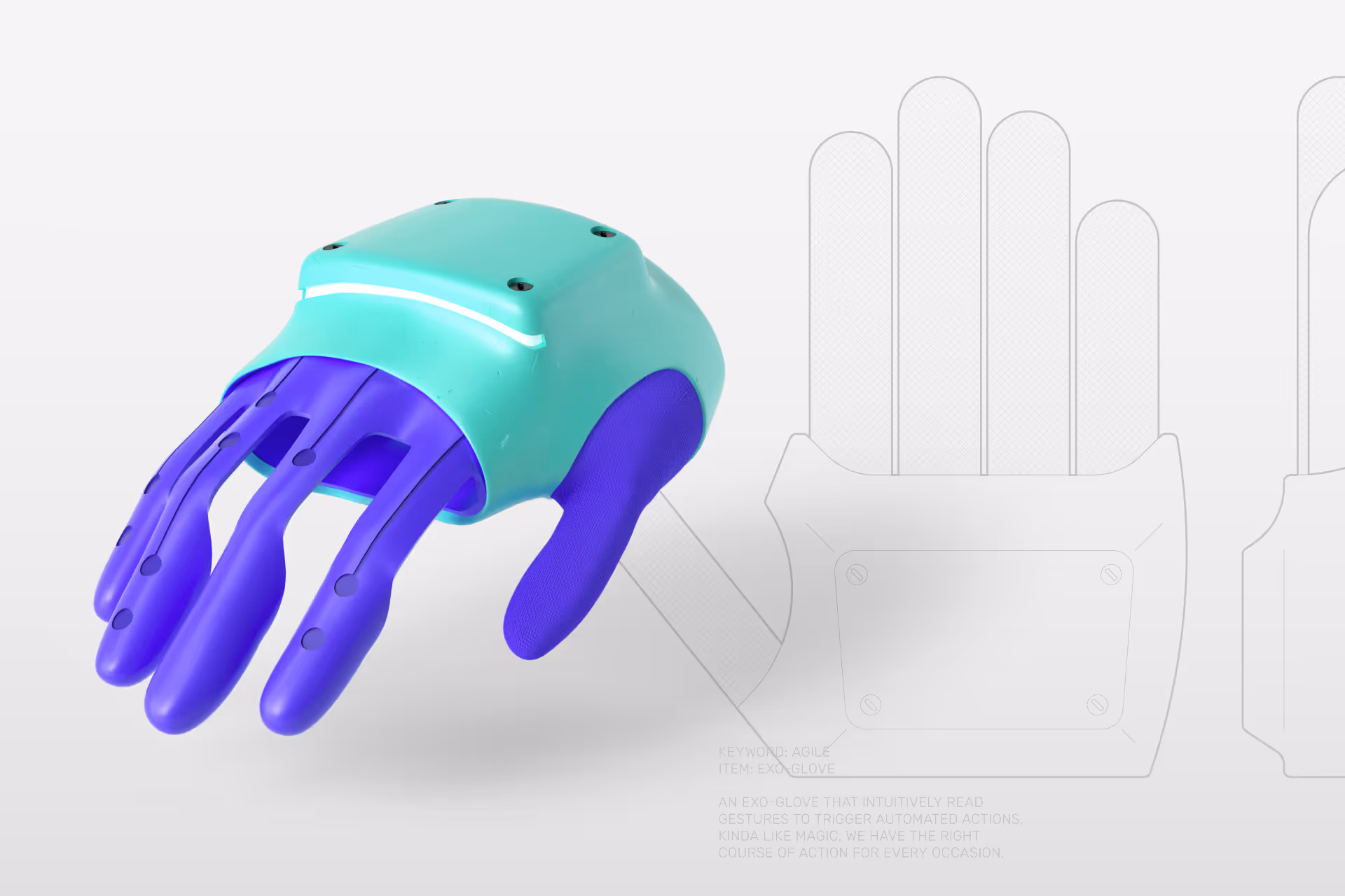 A 3D rendered exo-glove with turquoise wrist and purple fingers floating above a white surface, with faint schematic outlines in the background.