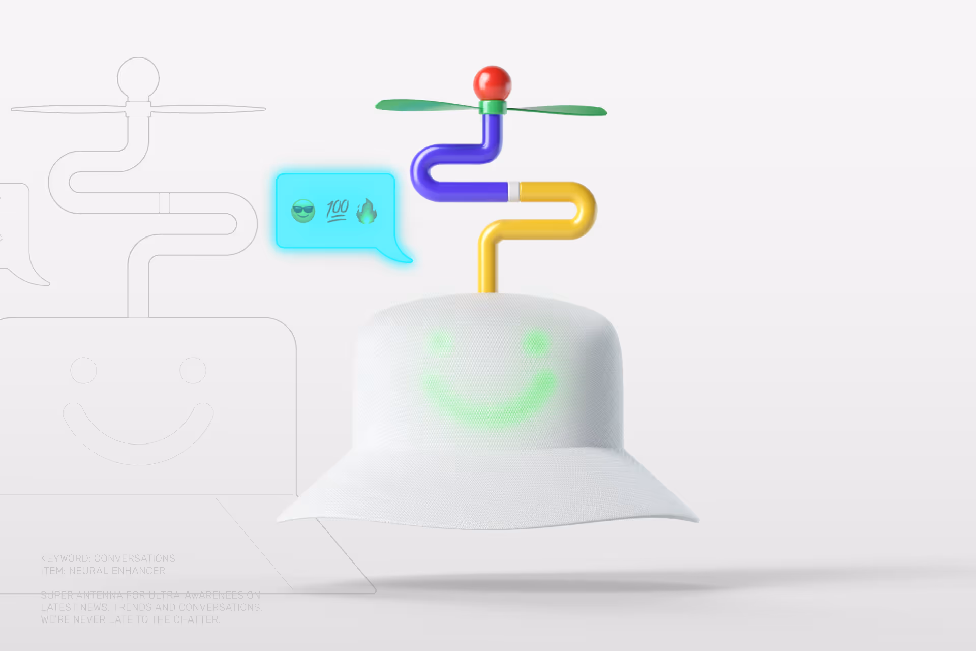 White hat with a green smiley face and a colorful propeller antenna emitting a speech bubble with emojis.