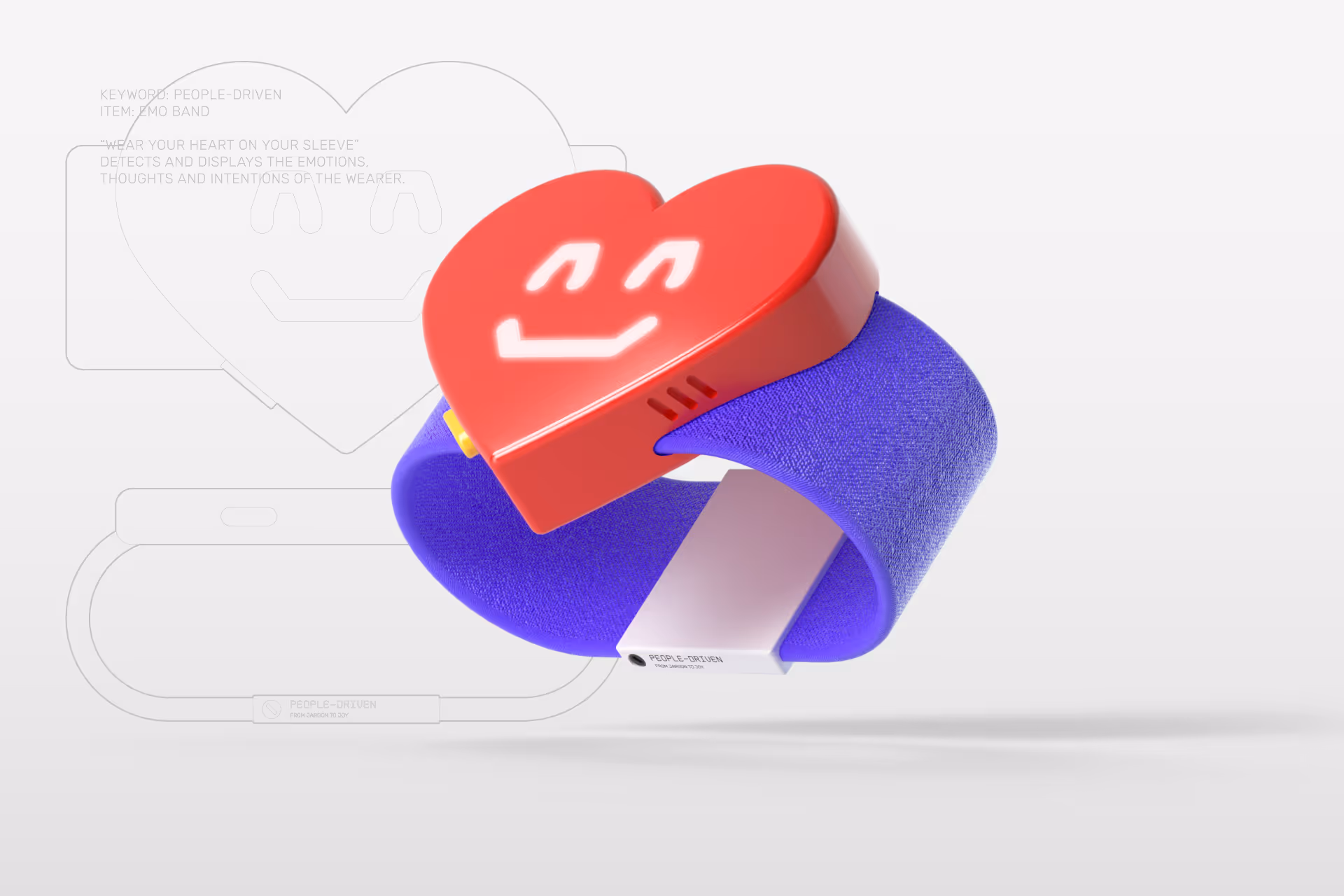 Wearable emo band with a red heart-shaped display showing a smiling face and a purple fabric strap.