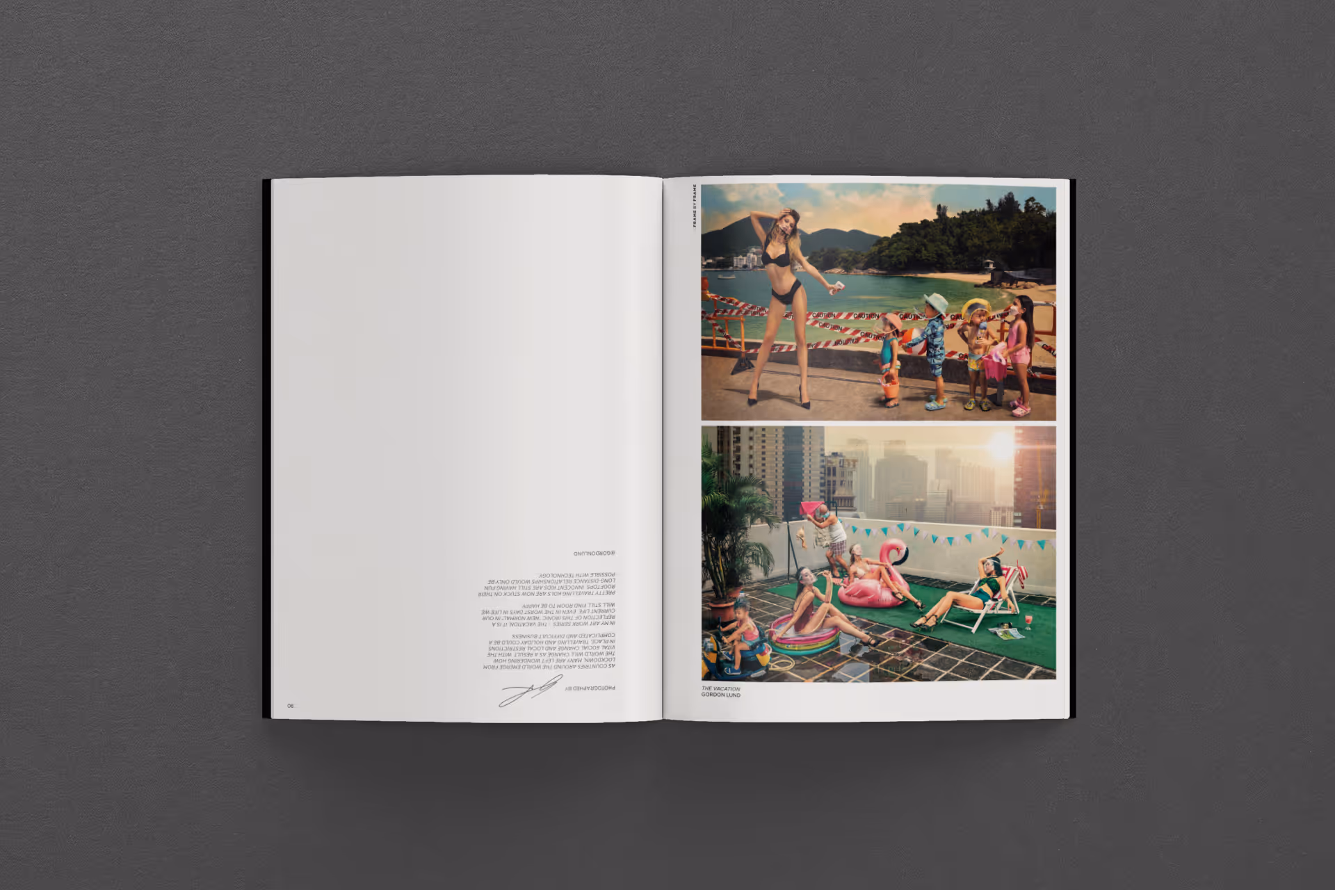 Open magazine spread showing two photos: top photo of a woman in black bikini posing near kids lined up by caution tape at a beach, bottom photo of people relaxing and playing on a rooftop with pool inflatables and city skyline.