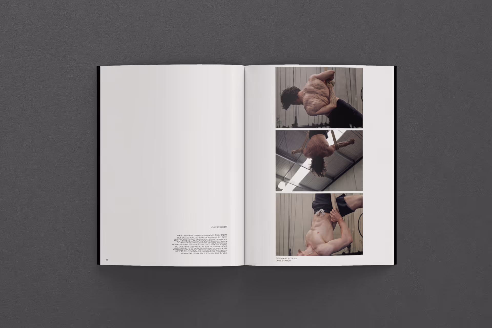 Open magazine spread showing three photos of a shirtless man performing aerial rope acrobatics in a gym.