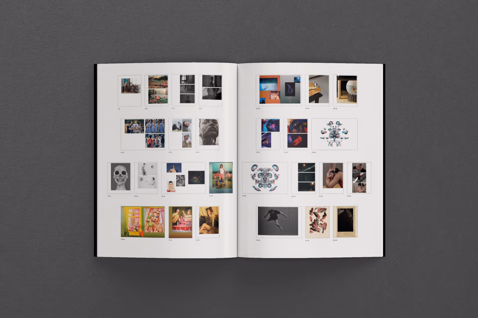 Open book showing a portfolio layout with multiple thumbnail images arranged in a grid on white pages against a gray background.