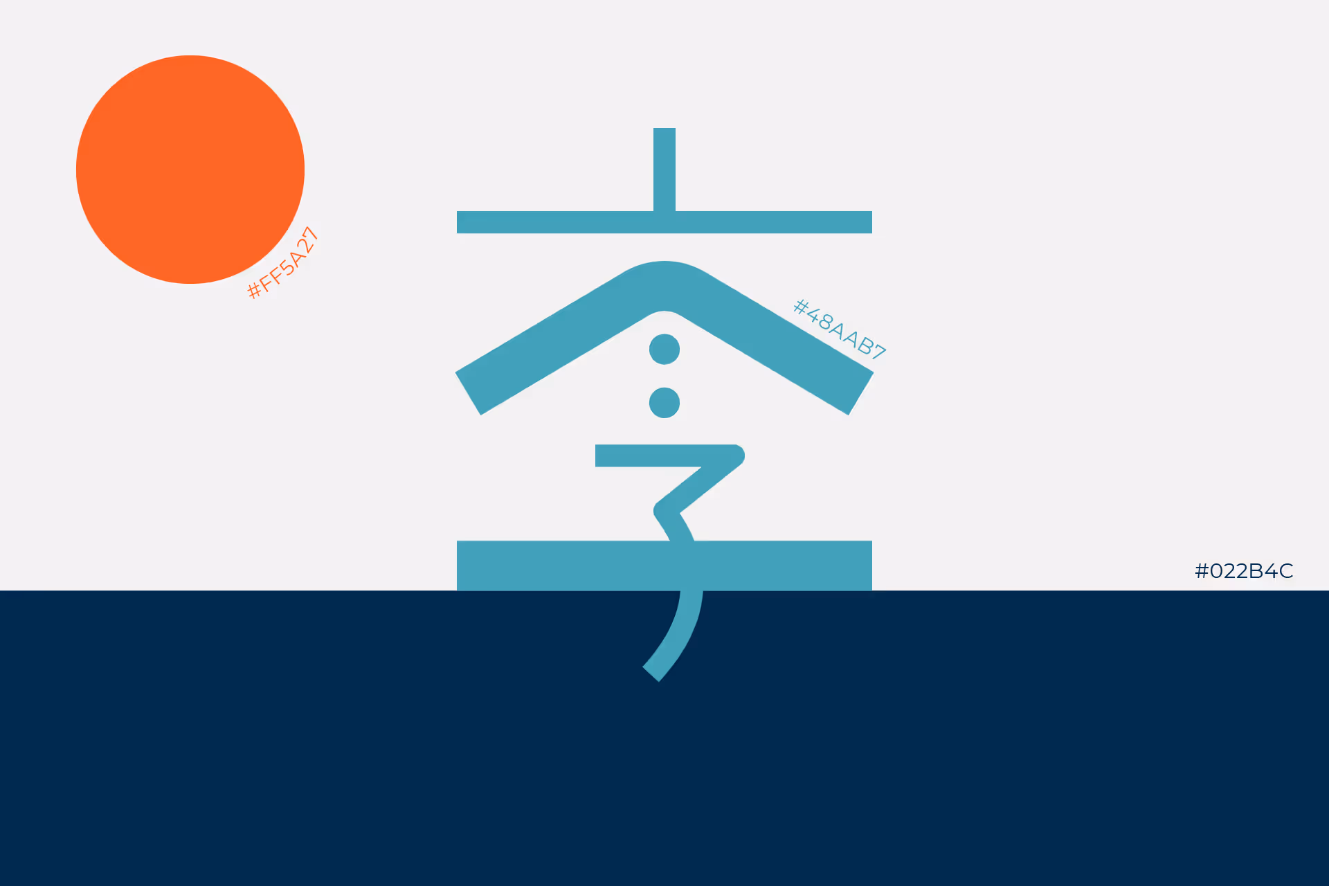 Abstract graphic with a large orange circle on the top left with color code #FF5A27, a stylized teal Japanese character in the center with color code #48AAB7, and a navy blue rectangle at the bottom with color code #022B4C.